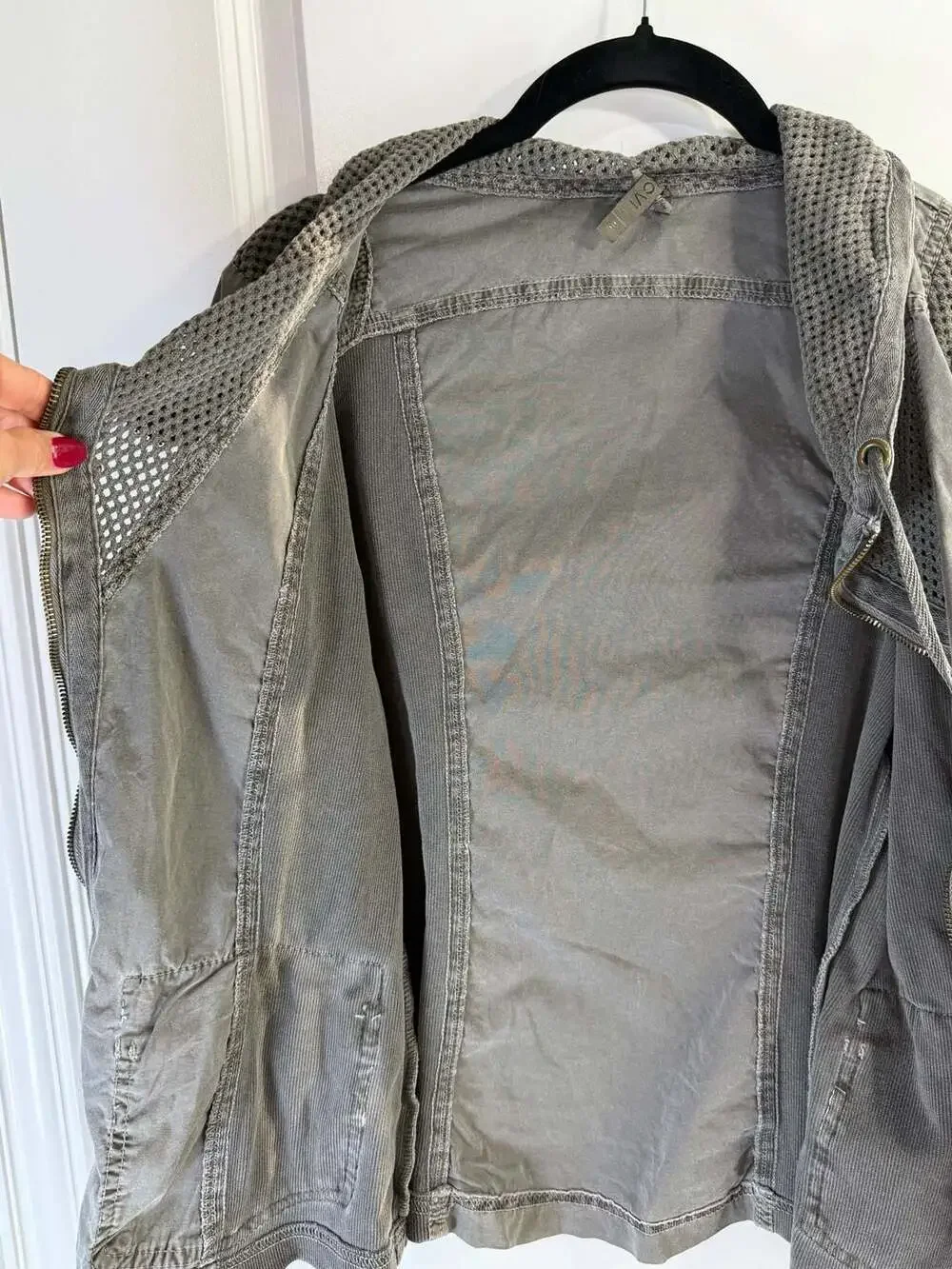 XCVI Fjord Grey Mixed Media Utility Jacket with Mesh Cowl Neck